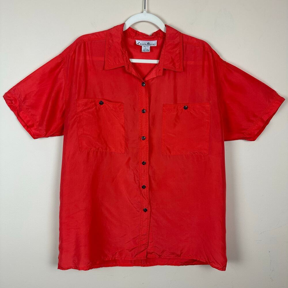 Lauren Brooke 100%‎ Silk Blouse Orange Short Sleeve Button Front Womens Size L
